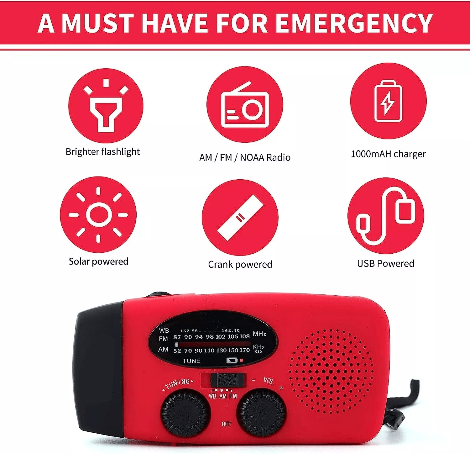 Emergency  Radio Crank Solar Hand Weather 1000mAh Power Bank Charger Flash Light