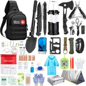 Survival Kit, 151 Pcs Survival Gear First Aid Kit, Outdoor Trauma Bag with Tactical Flashlight Knife Pliers Pen Blanket Bracelet